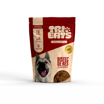 Premio snack natural para perro y gato, bistec de res deshidratado marca TriEats