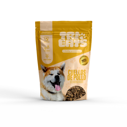 Premio snack natural para perro y gato, cuellos de pollo deshidratados marca TriEats