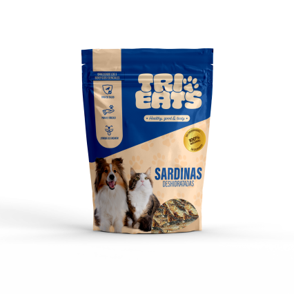 Premio snack natural para perro y gato, sardinas deshidratadas marca TriEats